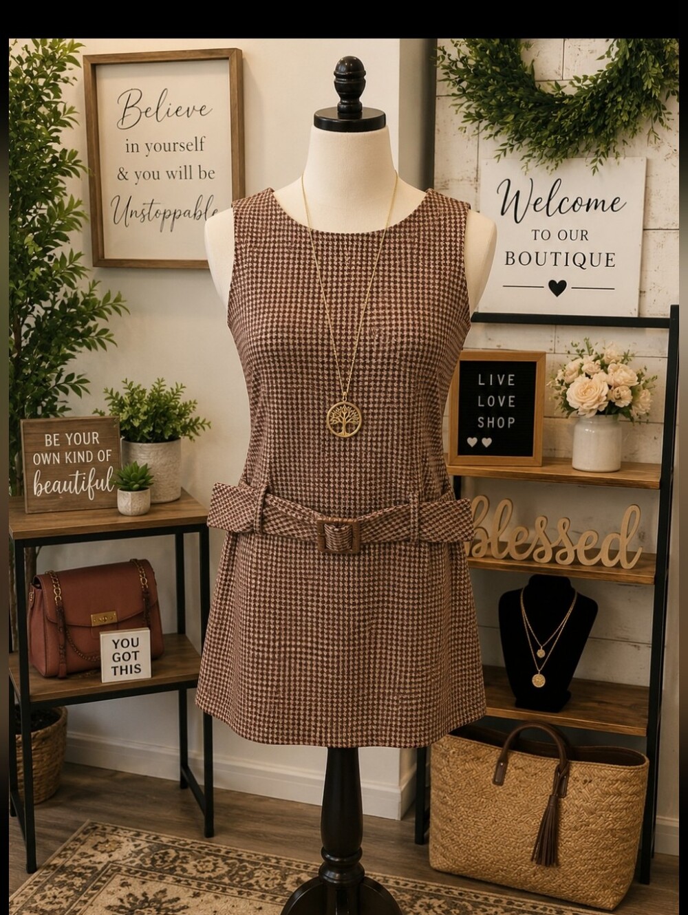 *Cider Brown Houndstooth Belted Shift Dress Pit 17 Length 31